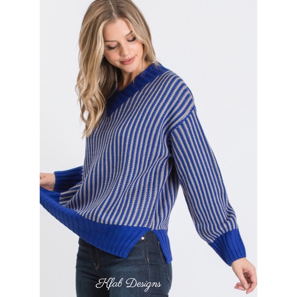 LAST! V Neck Royal Blue Contrast Vertical Stripe Sweater! - Picture 6 of 8